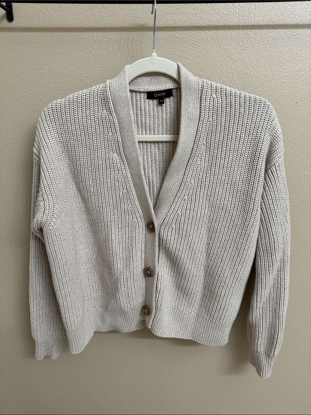 Quince Beige 100% Organic Cotton Fisherman Boxy Cropped Cardigan.